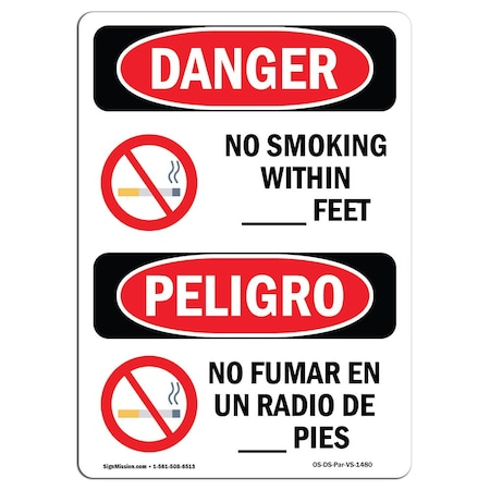 Signmission OSHA Sign, No Smoking W/in X Feet Bilingual, 5in X 3.5in Decal, 10PK, 3.5" W, 5" L, Spanish, PK10 OS-DS-D-35-VS-1480-10PK